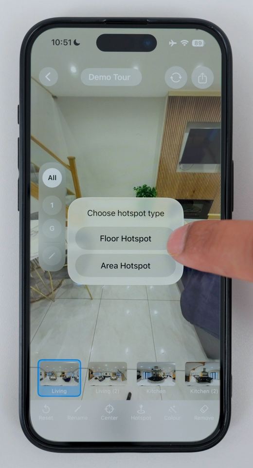 The Choose hotspot type menu in Clear Pano showing Floor Hotspot and Area Hotspot