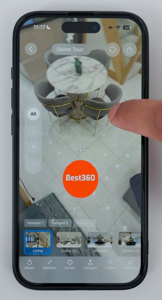 A company logo placed as a nadir at the bottom of a 360 photo in Clear Pano