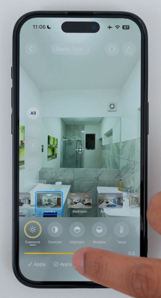 The Colour sliders in Clear Pano under a 360 photo of a bathroom