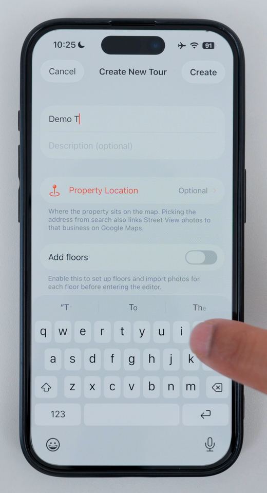 The Create New Tour screen in Clear Pano with a tour name, property location and Add floors option