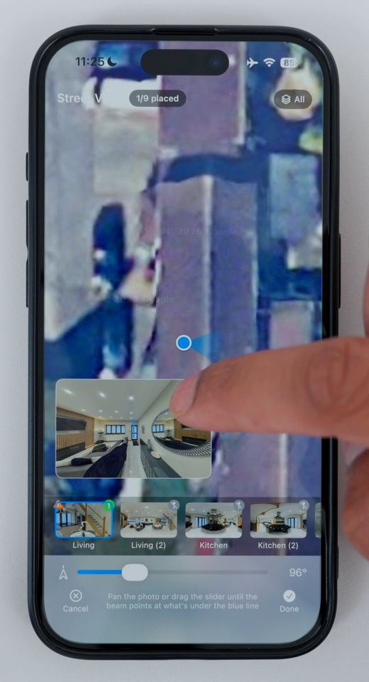 Street View mode in Clear Pano showing a pin on a satellite map and the picture-in-picture orientation view