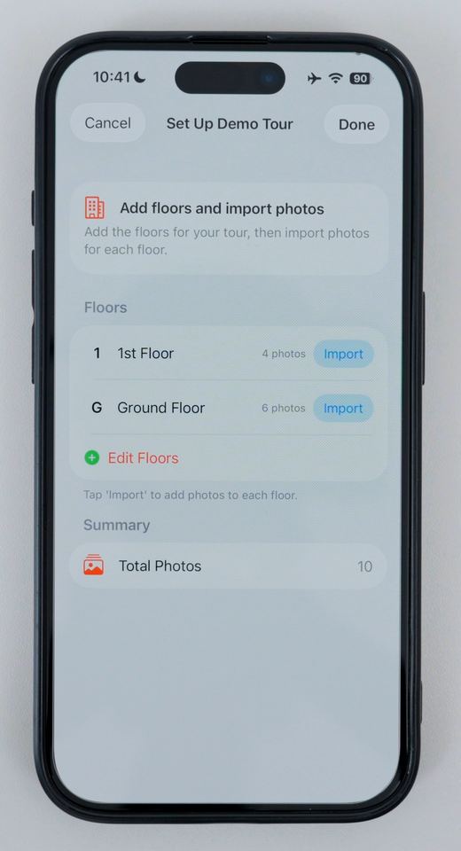 The Set Up Tour screen in Clear Pano with Import buttons for the 1st Floor and Ground Floor
