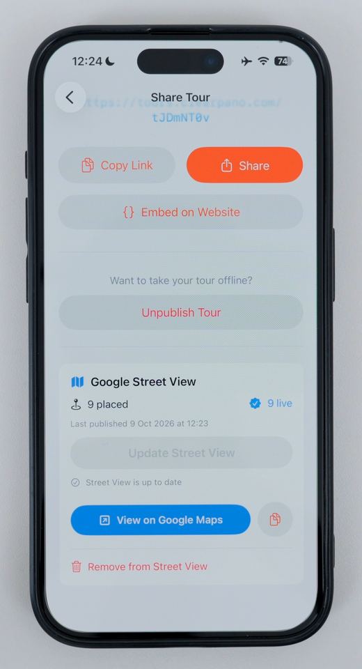 The Google Street View section of the Share Tour screen in Clear Pano showing 9 photos live and a View on Google Maps button