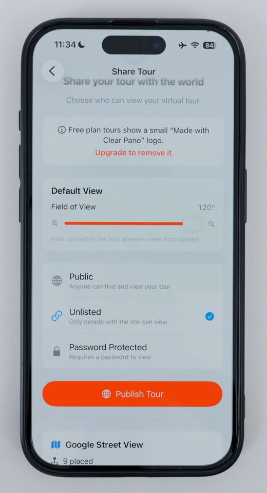The Share Tour screen in Clear Pano with Public, Unlisted and Password Protected options and a Publish Tour button