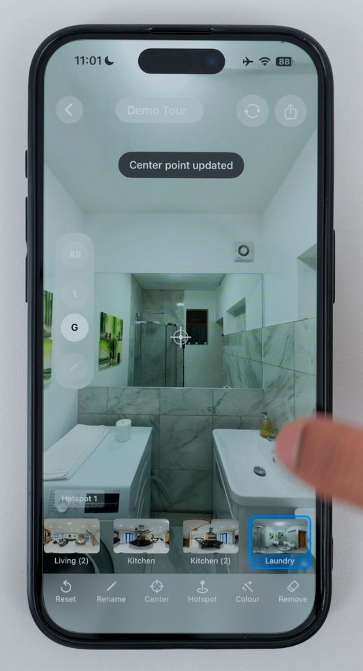 A 360 photo in Clear Pano showing the message Center point updated