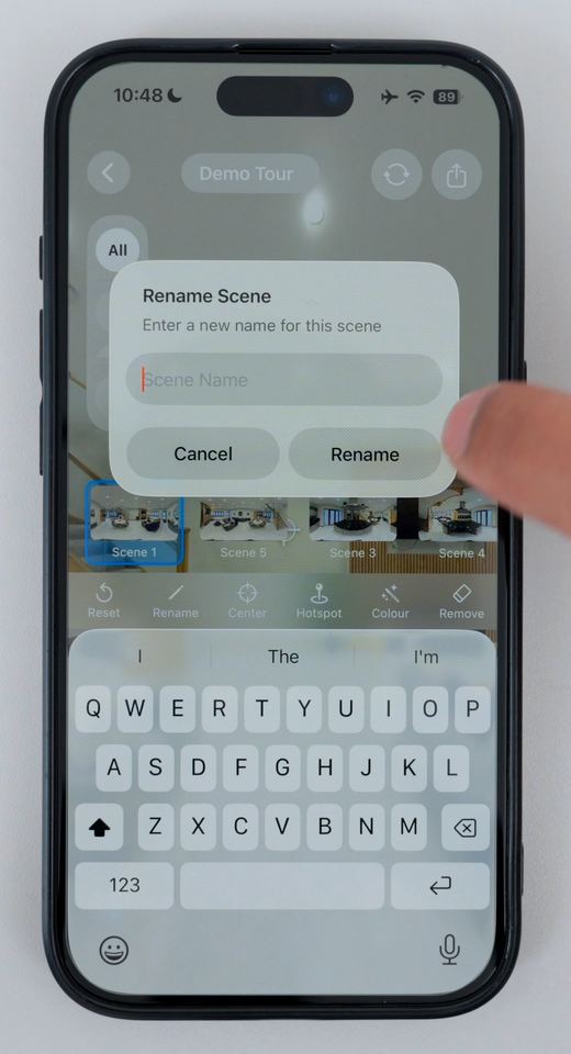 The Rename Scene box in Clear Pano above the phone keyboard