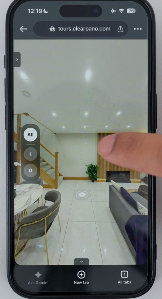A published Clear Pano virtual tour open in a phone web browser at tours.clearpano.com